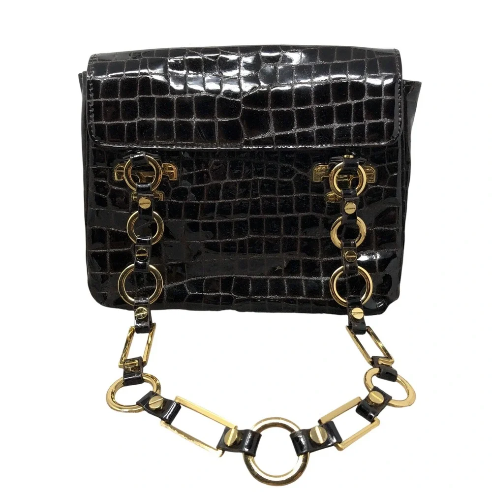 Tory Burch Retired Brown Croc Embossed Patent Leather Shoulder Bag Gold‎ Chain
